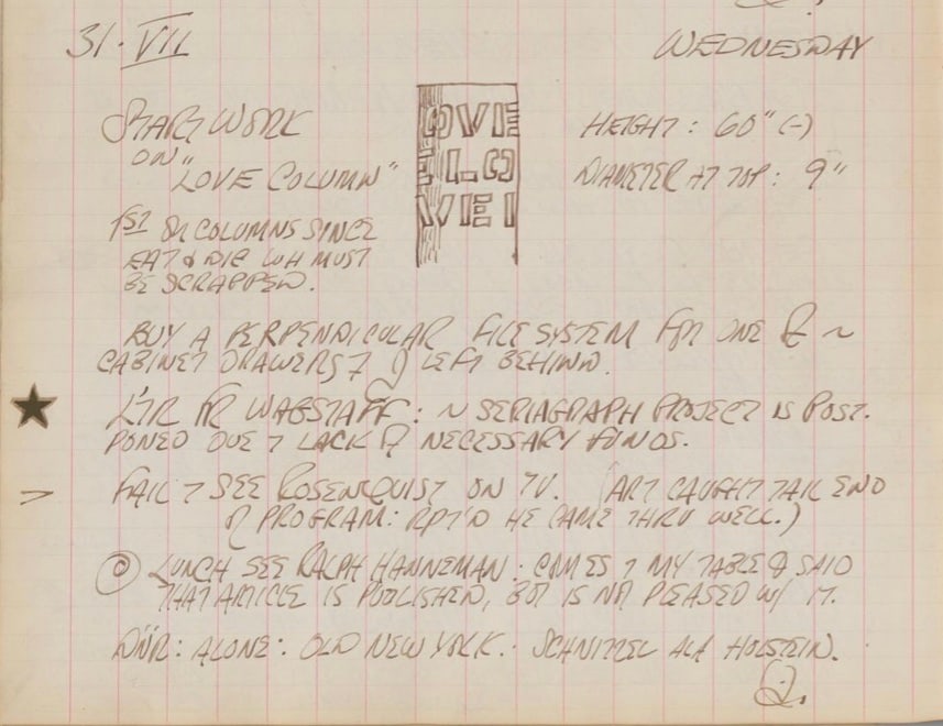 Black and white detail from Robert Indiana's journal entry for July 31, 1963 featuring a sketch of the top part of the Column Love