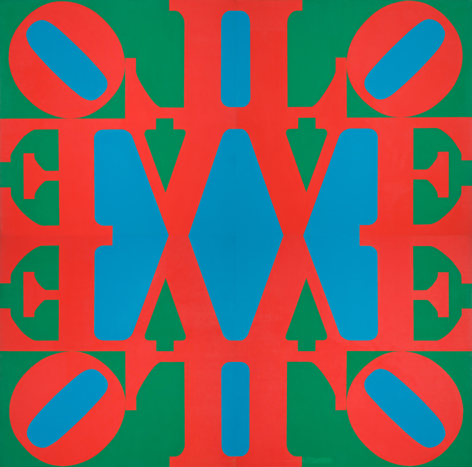The Great LOVE is 120 inch square painting consisting of four identical panels, each with a red letter L and a red tilted letter O over the red letters V and E, against a blue and green ground. The panels are arranged so that the Os are facing outwards, towards a corner of the work, with the two bottom canvases oriented upside down.