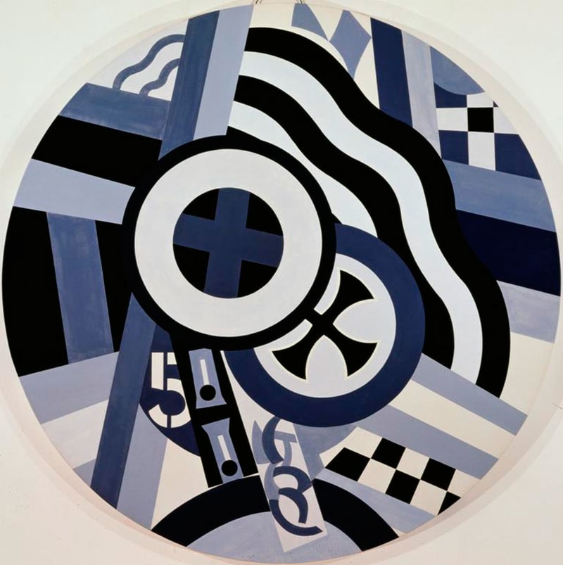 KvF XVI, a black, white, and gray circular painting with a 60 inch diameter consisting of numerous stylized elements. At the center are two crosses, one dark gray cross within a black circle surrounding by a think white ring and a thinner black ring, and the other a black iron cross in a white circle surrounded by a dark gray ring. Other design elements include a black and white checkerboard pattern, wavy black and white stripes, and different combinations of gray, black, and white stripes.