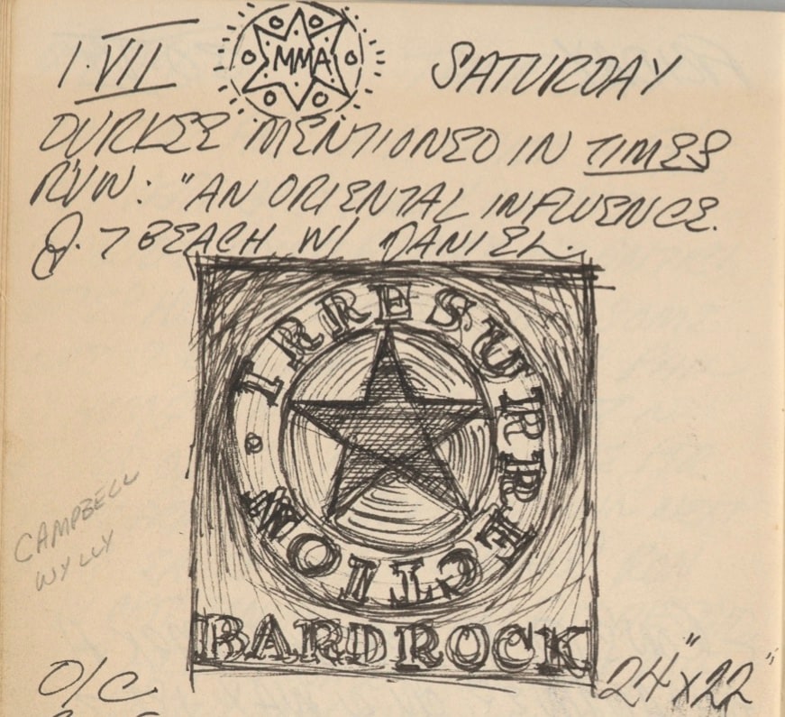 Detail from Robert Indiana's journal entry for July 1, 1961 with a sketch of Bardrock