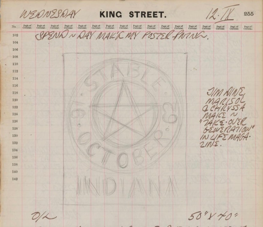 Detail from Robert Indiana's journal entry for September 12, 1962 with a sketch of the painting Stable