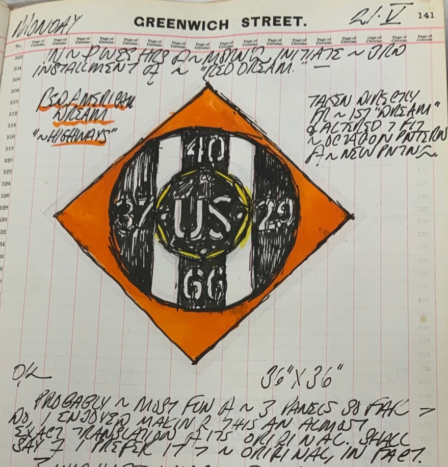 Detail from Robert indiana's journal entry for May 21, 1962 with a sketch of the highways panel from the Red Diamond American Dream