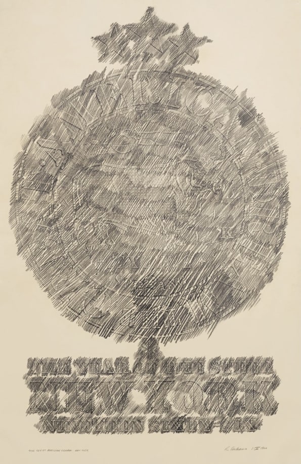A conte crayon on paper rubbing with a circle with the text The Great American Dream in the outer ring contains an image of a steer. Above the circle are three stars, and below the circle the text &quot;The Year of the Steer - New York - Nineteen sixty-tw0&quot;