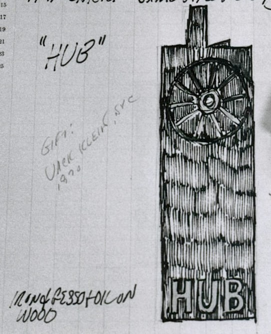 Black and white detail from Robert Indiana's journal entry for&nbsp;&nbsp;April 26, 1962 featuring a sketch of the sculpture Hub