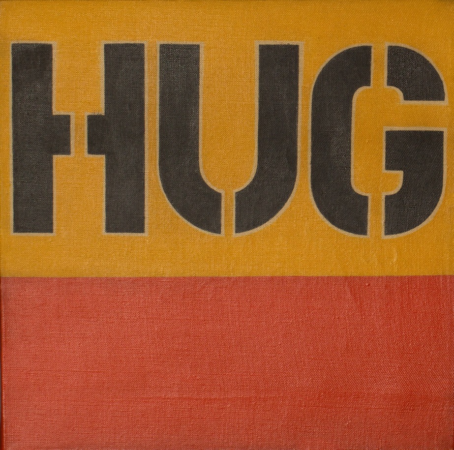 Hug is a twelve inch square painting with the title in the upper half of the canvas in black stenciled letters against a yellow background. The bottom half of the painting is a field of red.