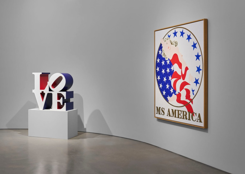 Installation view,&nbsp;Robert Indiana: The American Dream, Pace Gallery, New York,&nbsp;May 9&ndash;August 15, 2025. Left to right, The American LOVE (1966&ndash;2000) and Ms America (2001)