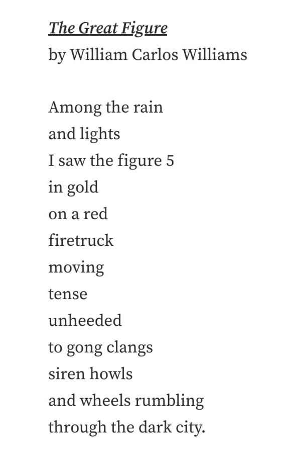 &quot;The Great Figure,&quot; William Carlos Williams&#039; poem which was the inspiration for Charles Demuth&#039;s symbolic portrait&nbsp;I Saw the Figure 5 in Gold (1928)