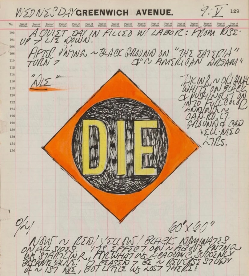 Detail from Robert Indiana's journal entry for May 9, 1962, featuring a sketch of the Die panel from The Green Diamond Eat/The Red Diamond Die