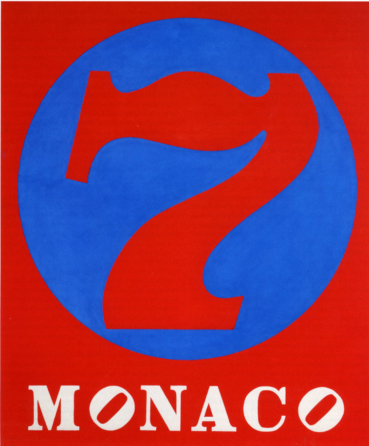 A 60 by 50 inch painting with a red ground. The work's title, Monaco, is painted in white letters across the bottom of the canvas. Both of the letter &quot;o&quot;s are tilted. Above is a large blue circle with a red number seven.