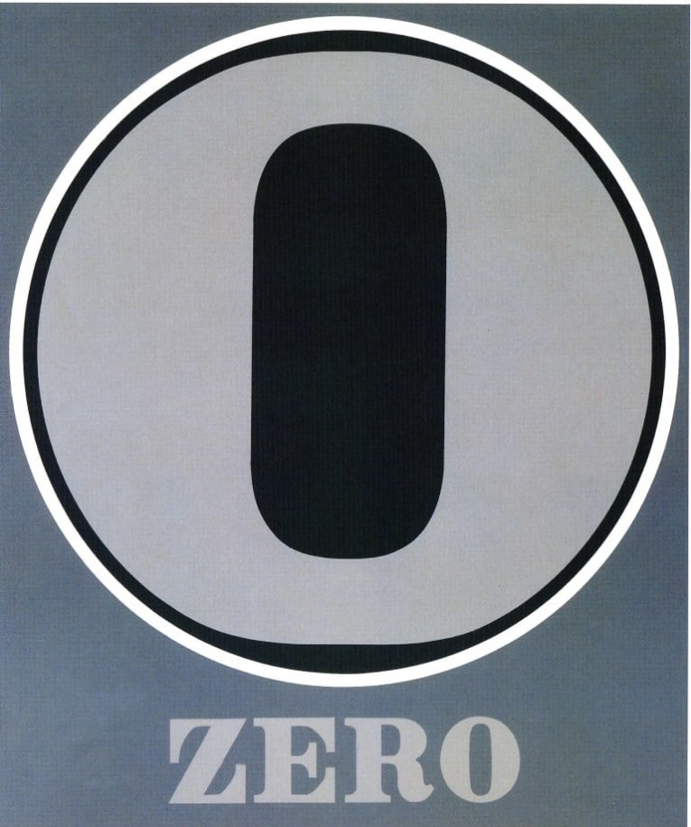 A 60 by 50 inch gray canvas dominated by a light gray numeral zero within a black circle with a white outline. Below the circe the work's title, &quot;Zero,&quot; is painted in light gray letters.
