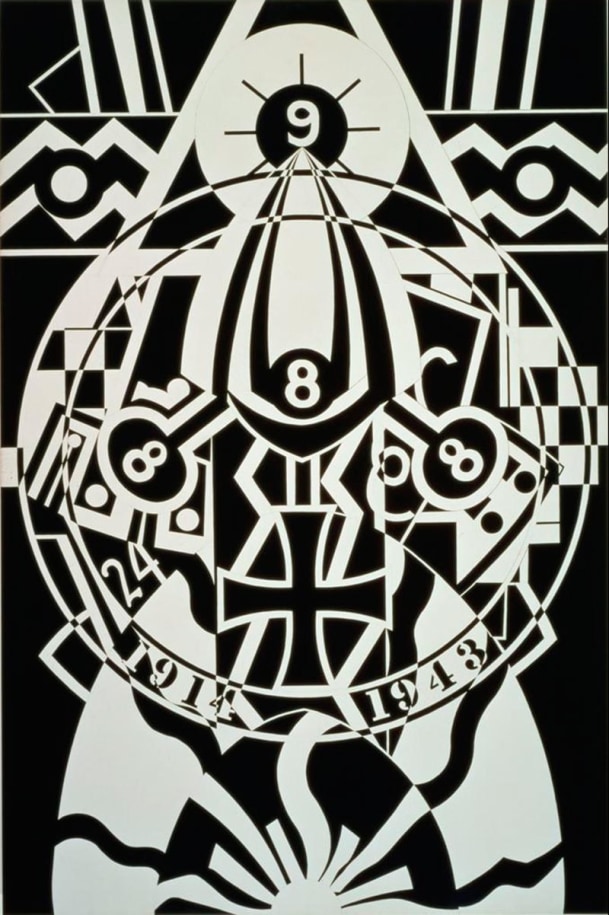 KvF VI (Hartley Elegy) is a 77 by 51 inch black and white painting. A circle surrounded by a white ring dominates the middle of the canvas. The dates 1914 and 1943 are painted in the bottom of the ring. Within the circle is a white outlined black iron cross , as well as other World War I motifs and references to the soldier Karl von Freyburg, including three black circles, each with a with a white numeral 8, and the white number 24. More motifs and references appear above and below the circle, including a white nine in a black circle with a white ring directly above the central circle.