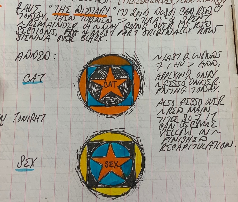 Detail from Robert Indiana's journal entry for June 11, 1962 featuring sketches of the Cat and Sex circles from the painting The Triumph of Tira