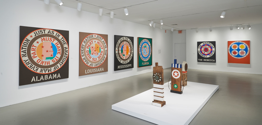 Installation view of Robert Indiana: Beyond LOVE, Whitney Museum of American Art, New York, September 26, 2013&ndash;January 5, 2014, featuring Law (1960&ndash;62). Photo: Tom Powel Imaging