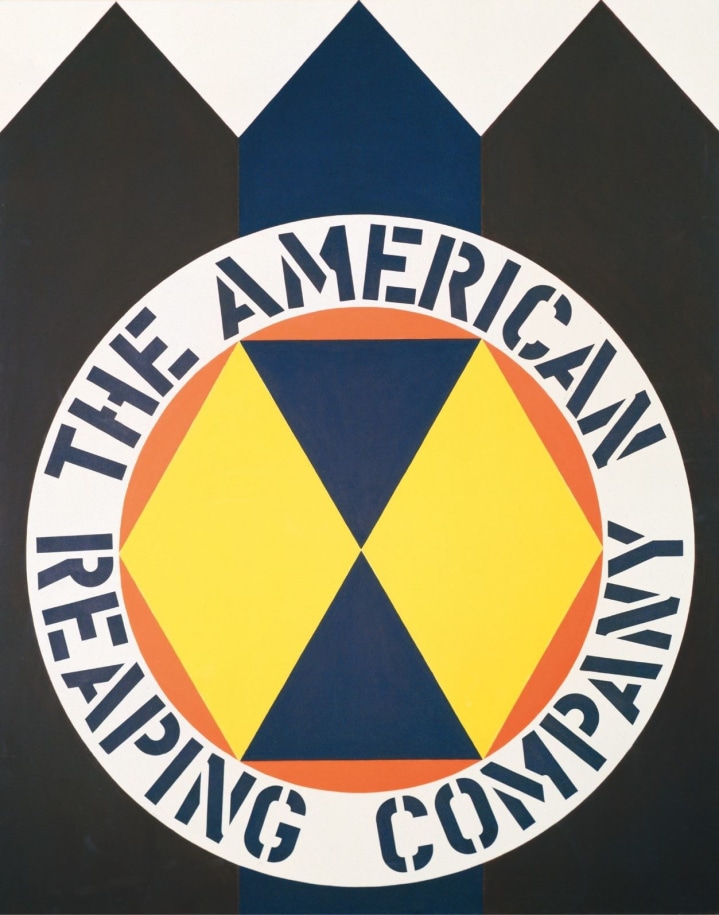 A 60 by 48 inch painting dominated by a large circle containing a black and yellow hexagon surrounded by a white ring. Within the ring the work's title, &quot;The American Reaping Company,&quot; appears in black text. The circle is set against a black ground which ends in three triangular shapes, resembling a crown..