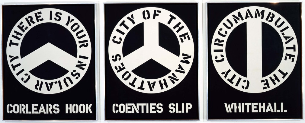 The Melville Triptych, a painting consisting of three 60 by 48 inch black and white panels. &quot;Corlears Hook&quot; is painted in white letters across the bottom of the left panel. Above it is a white ring wit the text, in black, &quot;There is your insular city.&quot; Coenties Slip appears in white letters across the bottom of the central panel. Above it is a white ring with the black text &quot;Cit of the Manhattoes.&quot; Whitehall appears in white letters across the bottom of the right panel. The white ring above the painting contains the black text &quot;Circumambulate the city.&quot;