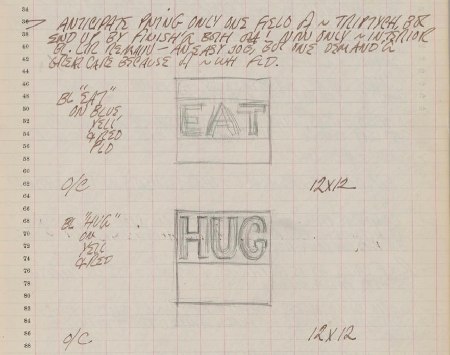 Detail from Robert Indiana's journal entry for August 19, 1962 featuring sketches of the small paintings Hug and Eat