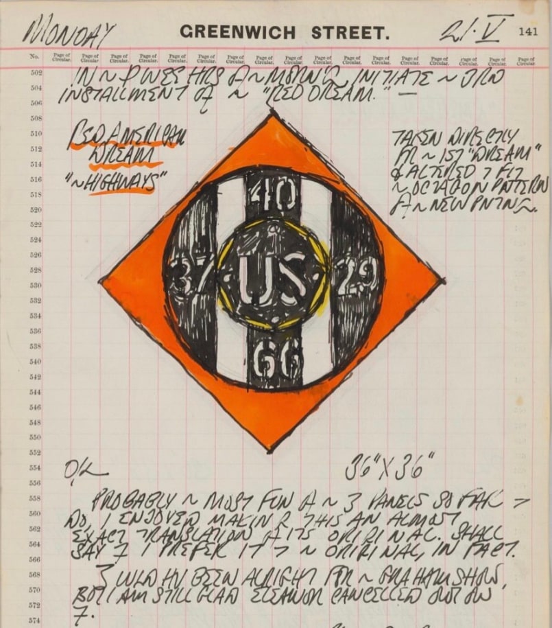 Detail from Robert indiana's journal entry for May 21, 1962 with a sketch of the highways panel from the Red Diamond American Dream