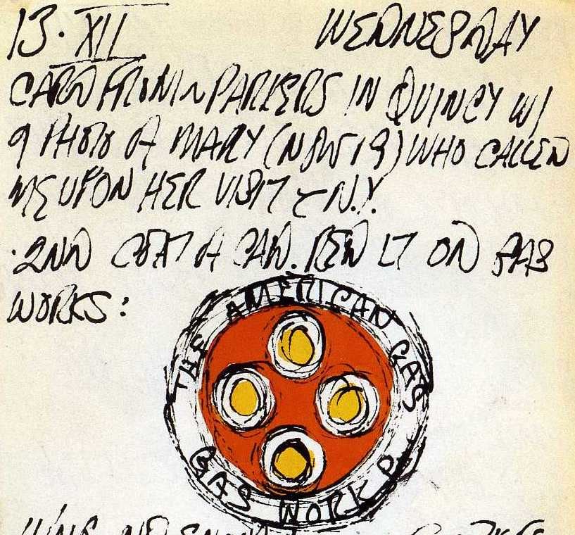 Detail of Robert Indiana's journal page for December 31, 1961 featuring a color sketch of the central circle of the painting The American Gas Works