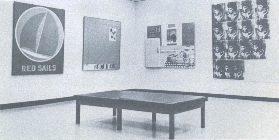 Installation view of The Art of Things at the Jerrold Morris International Gallery, Toronto, October 19&ndash;November 6, 1963; Indiana's painting Red Sails can be seen at the far left of the photograph