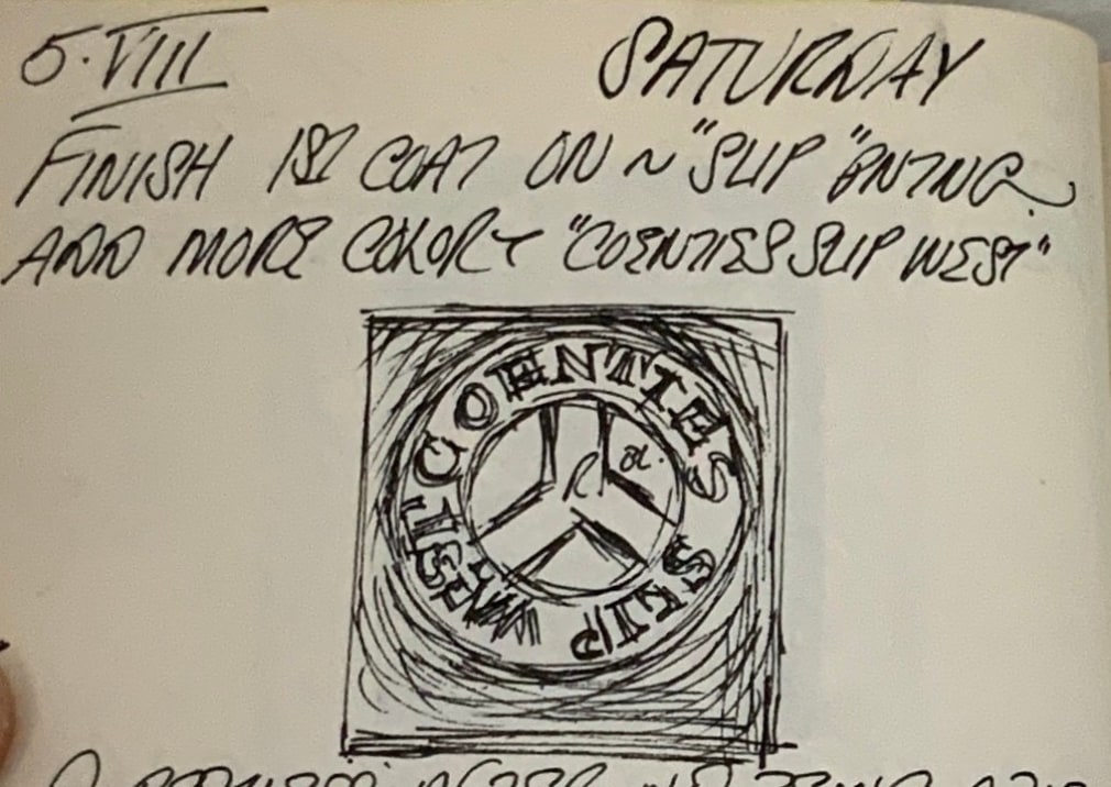 Detail from Robert Indiana's journal entry for August 5, 1961 with a small sketch of Coenties Slip West