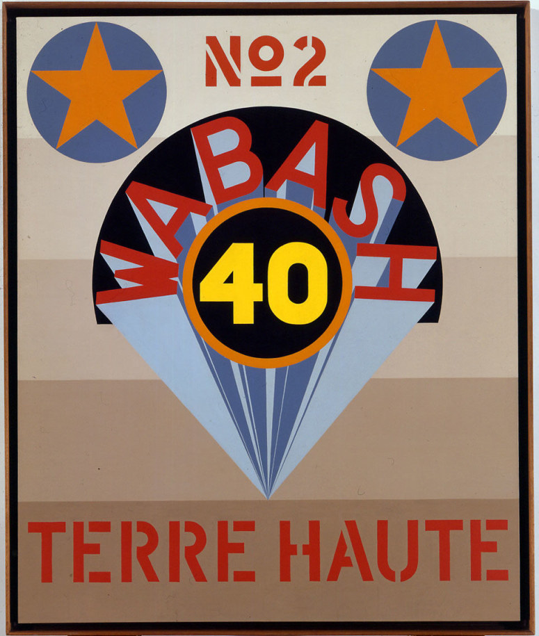 Terre Haute No. 2, a 60 by 50 inch canvas with a ground consisting of five horizontal stripes starting with beige at top and becoming an increasingly darker brown. The darkest brown stripe at the bottom of the canvas contains &quot;Terre Haute&quot; painted in stenciled red letters.  In the center of the canvas is yellow number 40 in a black circle with an orange outline. Above the circle is a a black arc with &quot;Wabash&quot; painted in red letters. Light and darker blue rays emanate from behind the letters, ending in a triangle below the circle. There is a blue circle with an orange star at the top left and right of the canvas, in between this No 2 has been painted in red.