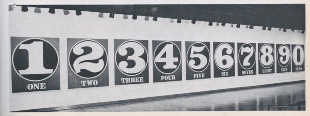 A black and white installation view of The Cardinal Numbers from the exhibition Robert Indiana&nbsp;at Dayton&rsquo;s Gallery 12, Minneapolis, September 27&ndash;October 22, 1966. The numbers are displayed in one horizontal row, starting with one and ending with zero.