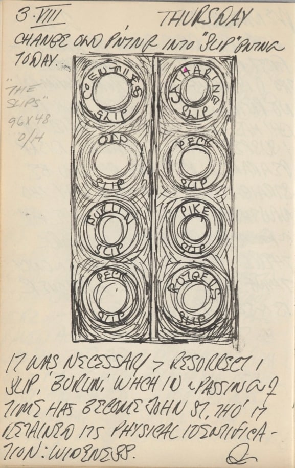 Detail from Robert Indiana's journal entry for August 3, 1961 with a sketch of The Slips
