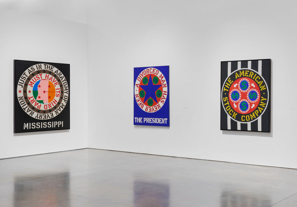 Installation view, Robert Indiana: The American Dream, Pace Gallery, New York, May 9&ndash;August 15, 2025. Left to right, Mississippi (1965), A Divorced Man Has Never Been the President (1961&ndash;62), and The American Stock Company (1963)