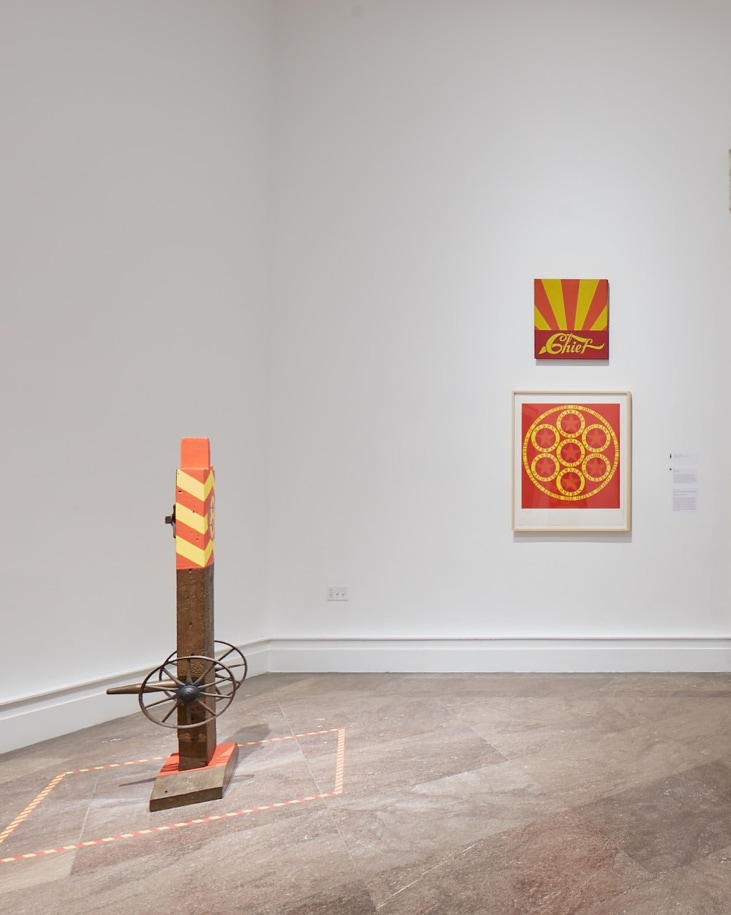 Installation view of Robert Indiana: A Sculpture Retrospective, Albright-Knox Art Gallery, Buffalo, New York, June 16&ndash;September 23, 2018. Left to right, Chief (1962, cast 1991), Chief (1969), and The Calumet, from Decade (1971). Photo: Tom Powel Imaging