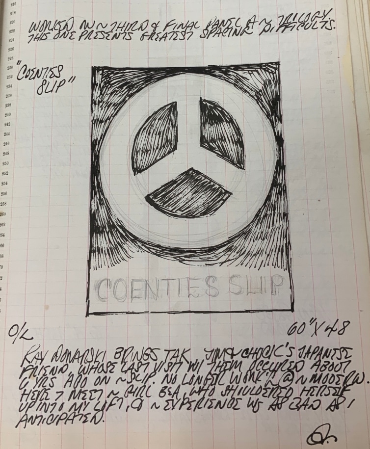 Detail from Robert Indiana's journal entry for June 22, 1962 which includes a sketch of the Coenties Slip panel of The Melville Triptych