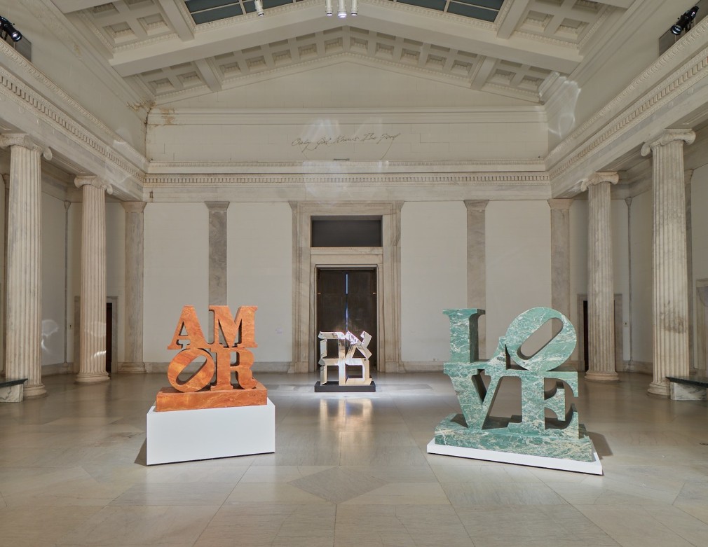 Installation view of&nbsp;Robert Indiana: A Sculpture Retrospective, Albright-Knox Art Gallery, Buffalo, New York,&nbsp;June 16&ndash;September 23, 2018. Left to right, AMOR (1998&ndash;2009), AHAVA (1977&ndash;2004), and LOVE (1966&ndash;2009)
