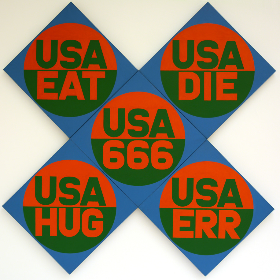 USA 666 is an x-format painting, made up of five panels and measuring 102 by 102 inches overall. Each panel has a blue background and circle divided in two, the top half red with USA painted in green, and the bottom green with a red word. The words are, clockwise from top left, &quot;EAT,&quot;&quot;DIE,&quot; &quot;ERR,&quot; &quot;HUG,&quot; and in the central panel &quot;666.&quot;