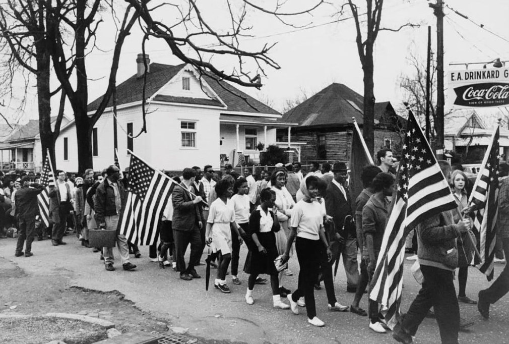 Civil rights activists march from Selma to Montgomery, Alabama, 1965. On March 7 as the peaceful protesters crossed the Edmund Pettus Bridge, they were attacked by State Troopers and volunteer officers of the local sheriff&#039;s department, in what became known as Bloody Sunday&nbsp;, &nbsp;