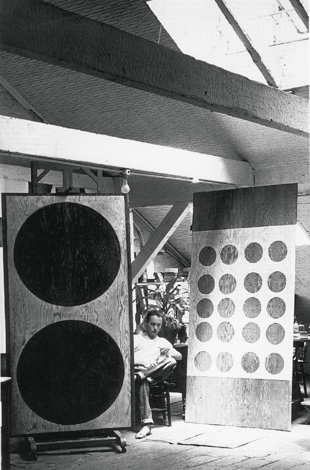 Robert Indiana with Two Golden Orbs (1959/2001) and Twenty Golden Orbs in his studio at 25&nbsp;Coenties Slip, ca. July 1959. Both works are shown in an early state