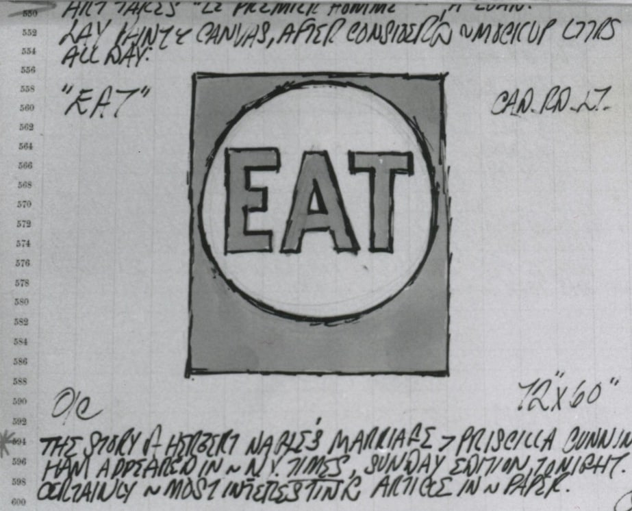 Excerpt from Robert Indiana's journal page for January 13, 1962 featuring a sketch of the Eat panel from the painting Eat/Die