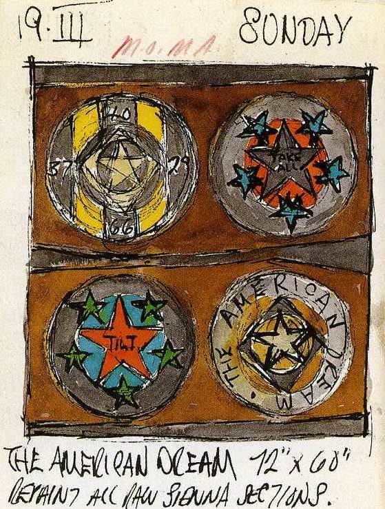 Detail from Robert Indiana's journal entry for March 19, 1961; most of the page is occupied by a color sketch of the painting The American Dream, I
