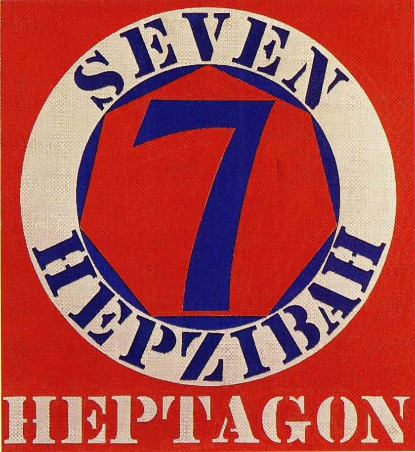 Painting with a red ground dominated by a blue seven within a red heptagon surrounded by a white ring with the text seven hepzibah. The word heptagon appears in white stenciled letters across the bottom of the canvas