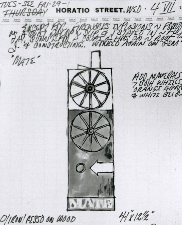 Black and white detail from Robert Indiana's journal entry for July 4, 1962, featuring a sketch of the herm Mate