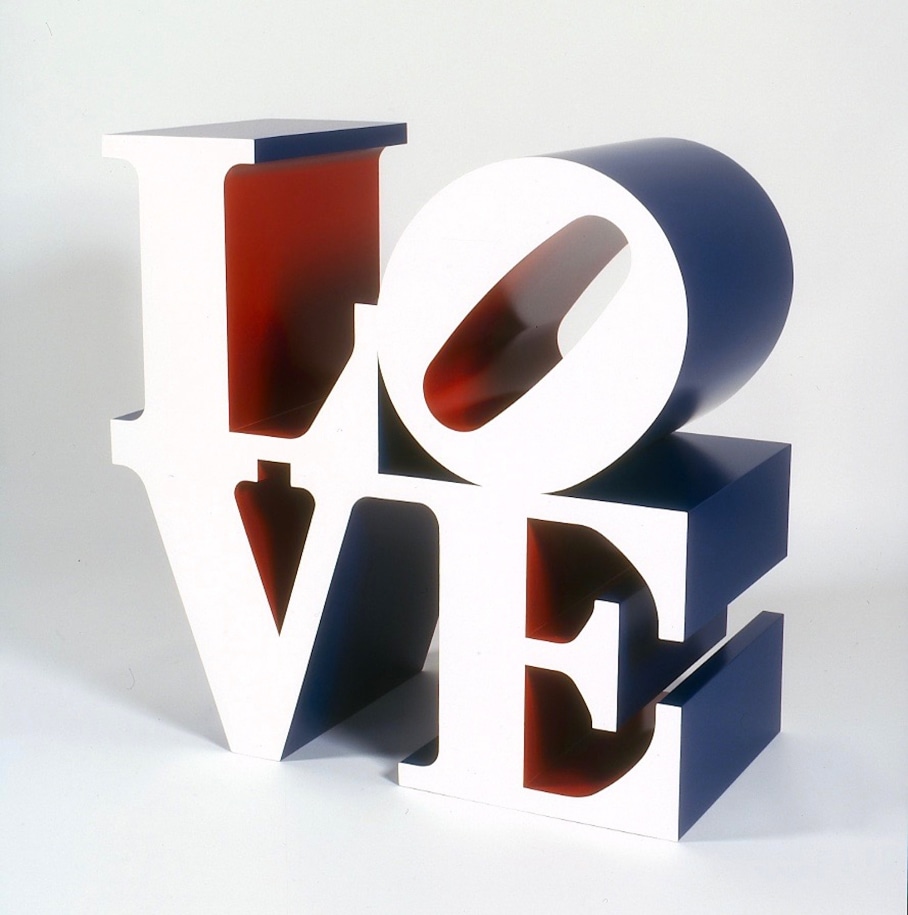 Red, white, and blue polychrome aluminum sculpture with the letter L and a tilted letter O on top of the letters V and E