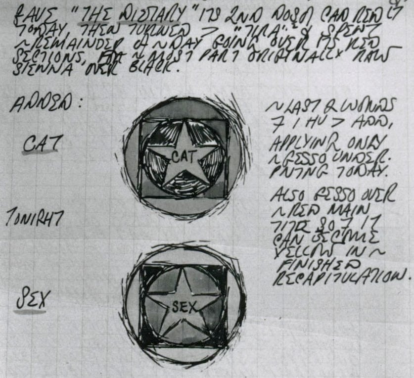 Excerpt from Robert Indiana's journal entry for June 11, 1962 featuring sketches of the Cat and Sex circles from the painting The Triumph of Tira