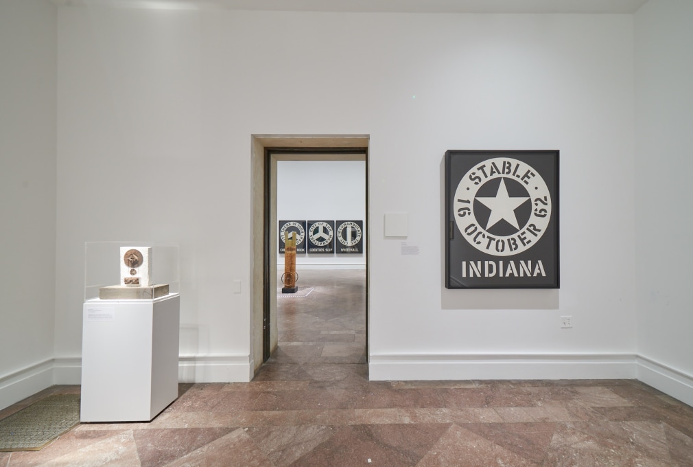 Installation view of&nbsp;Robert Indiana: A Sculpture Retrospective, Albright-Knox Art Gallery, Buffalo, New York, June 16&ndash;September 23, 2018. Left to right, Zenith (1960), Call Me Indiana (1964/1998), The Melville Triptych (1962), and Stable&nbsp;(1962), &nbsp;