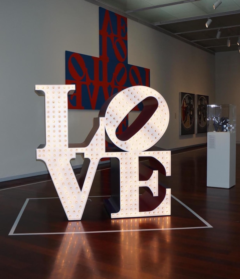Installation view of Robert Indiana: Beyond LOVE, McNay&nbsp;Art Museum, San Antonio, Texas, February 5&ndash;May 25, 2014, featuring The Electric LOVE&nbsp;(1966&ndash;2000), &nbsp;