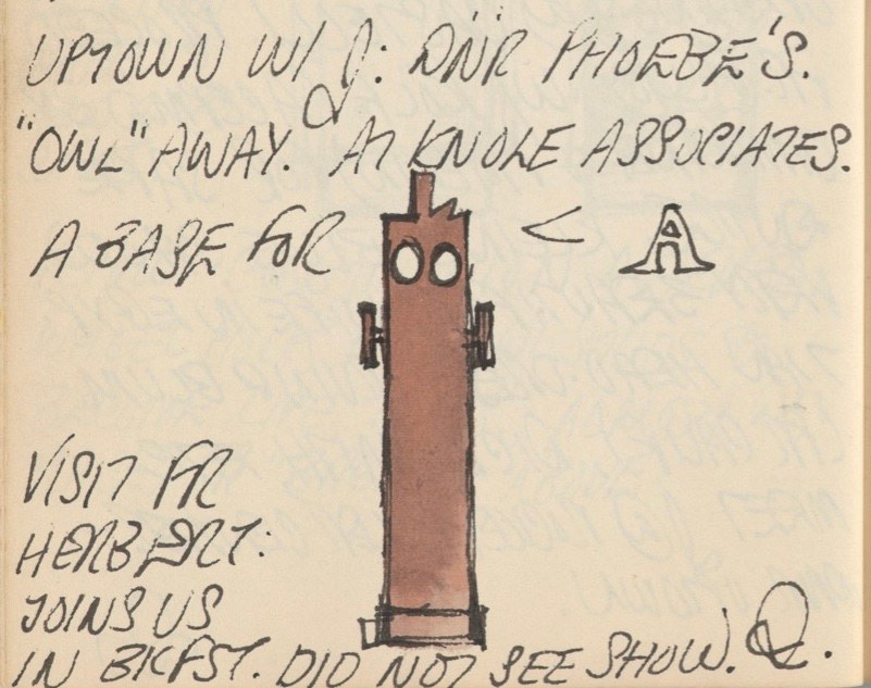 Detail from Robert Indiana's journal entry for April 12, 1961 with a sketch of the sculpture Ahab