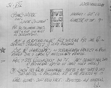 Excerpt from Robert Indiana's journal entry for July 31, 1963 featuring a sketch of the top part of the Column Love