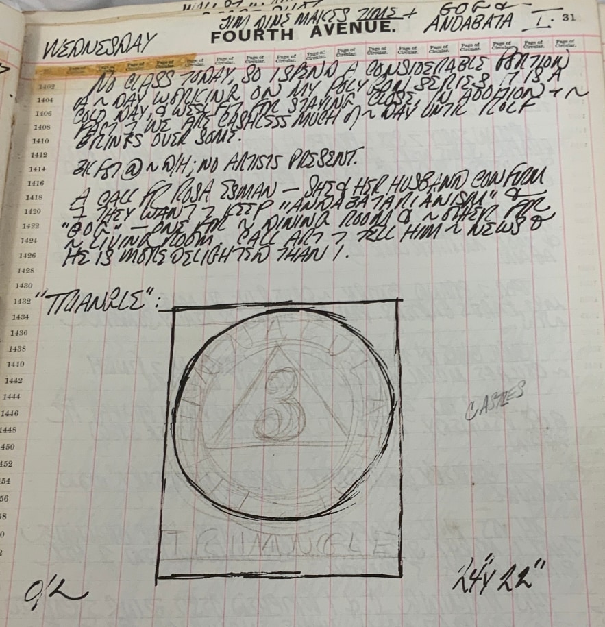 Detail from Robert Indiana's journal page for January 31, 1962 with a sketch of Tintinnabulation