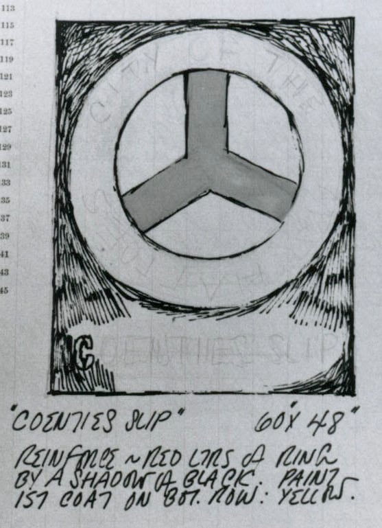 Excerpt from Robert Indiana's journal entry for July 2, 1962, featuring a sketch of the painting Coenties Slip