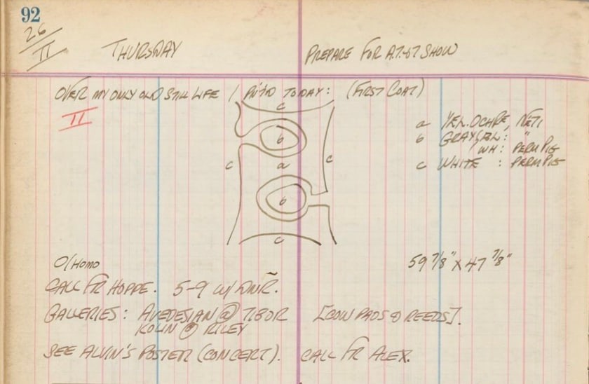 Robert Indiana&#039;s journal entry for February 26, 1959, featuring a sketch of Source II in a vertical orientation, &nbsp;