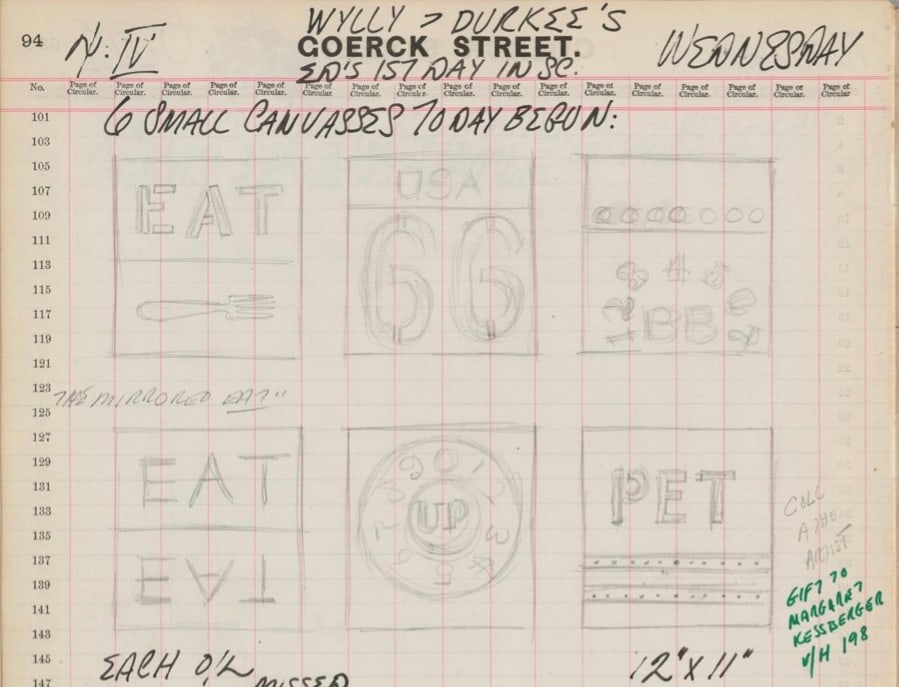 Detail from Robert Indiana's journal entry for April 4, 1962, which includes sketches of six small paintings: Eat, Route 66, BB, Eat, Up, and Pet