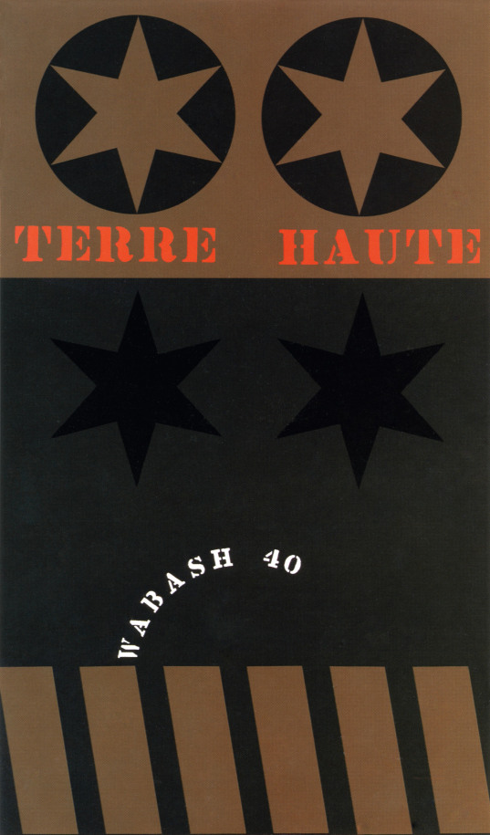 A primarily black and brown painting; the top third consists of two black orbs containing brown stars, above the painting's title, Terre Haute, in red stenciled letters. Below is a rectangular black field with the text Wabash 40, in white stenciled letters, above a row of black and brown danger stripes
