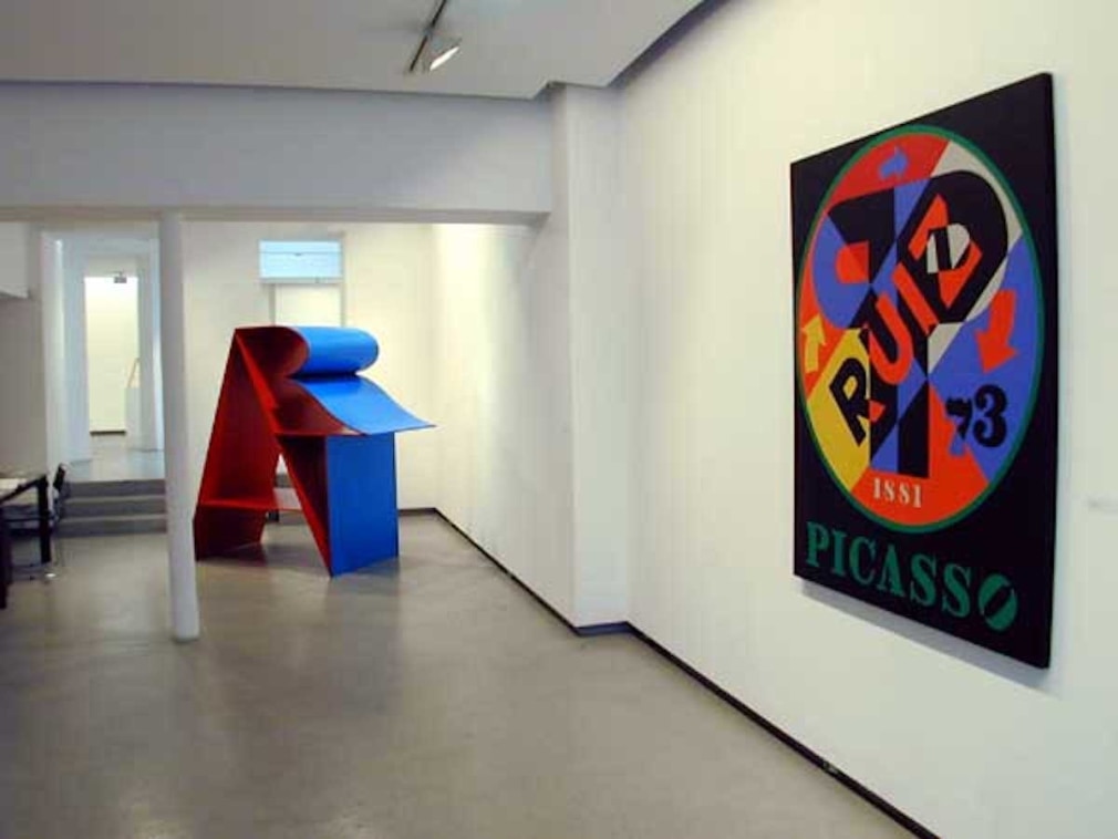 Installation view of&nbsp;Hommage &agrave; Indiana,&nbsp;Galerie Denise Ren&eacute; Espace Marais, Paris, March 30&ndash;May 23, 2001. Left to right,&nbsp;ART (1972&ndash;2001) and Picasso II (1974)